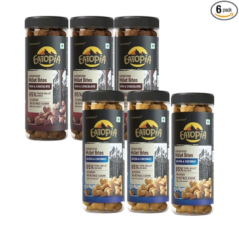 Eatopia Superfood Millet Bites - 3 Ragi Chocolate + 3 Bajra Coconut Breakfast Cereals  - (Pack of 6)