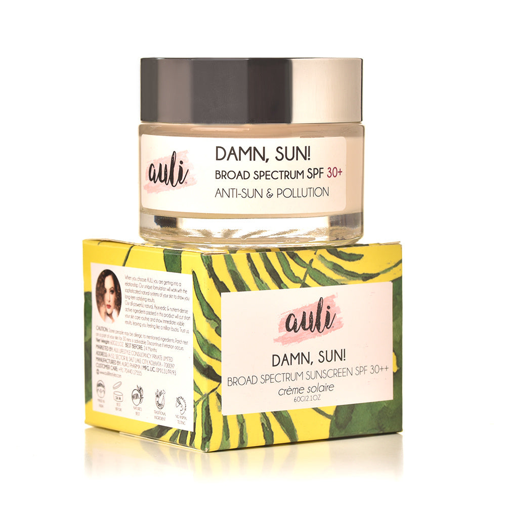 Auli Damn Sun SPF30++ Broad Spectrum Lightweight Sweat Proof Anti-Tan and Pollution Sunscreen for All Skin Types - 60gm