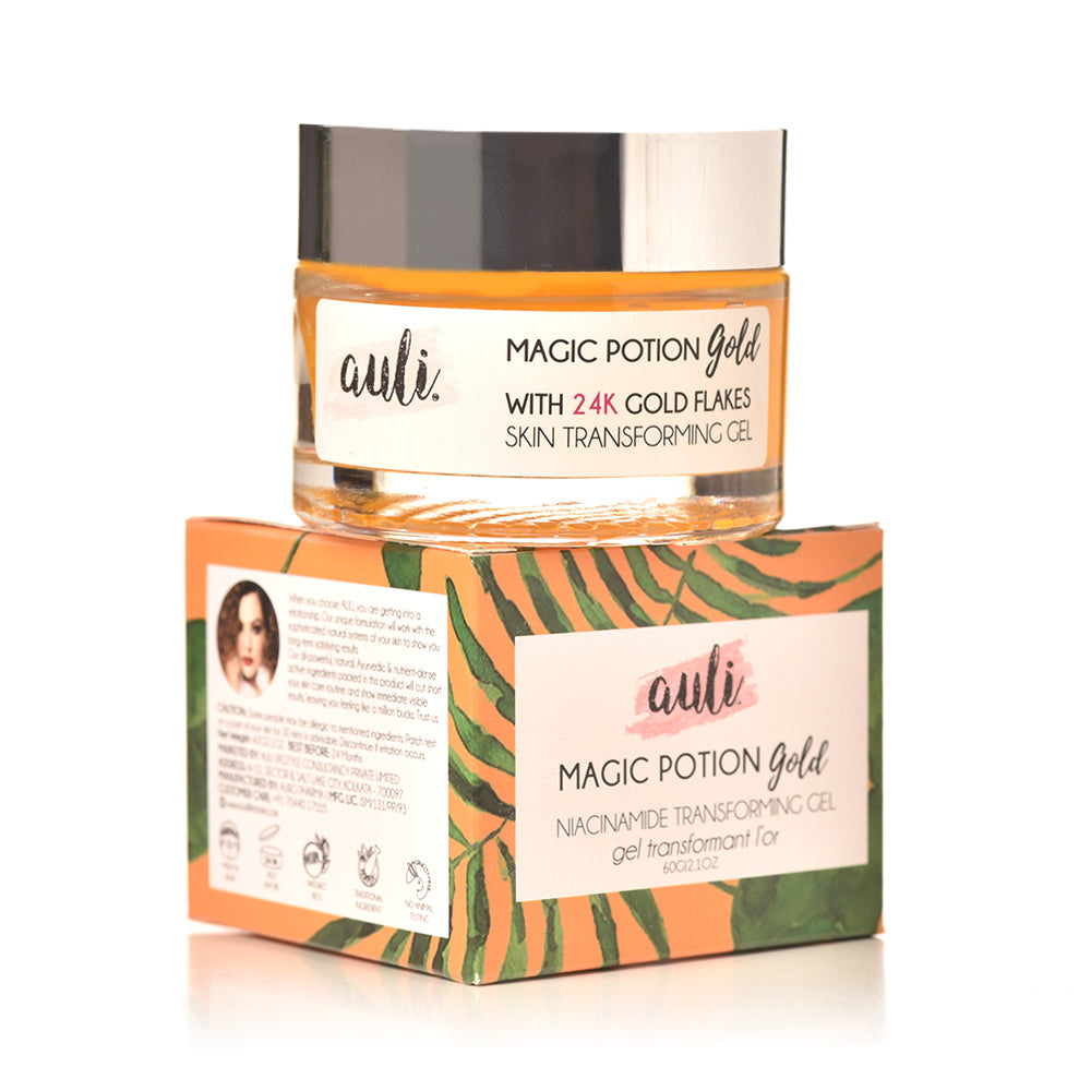 Auli Magic Potion Gold Gel | With Niacinamide and 24K Gold Flakes | For all skin types | Anti-acne & Brightening | 60gm