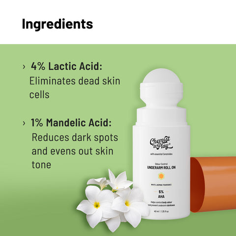 Chemist at Play UnderArm Roll-On with 5% Lactic Acid & 1% Mandelic Acid | Prevents Odour, Brightens Skin & Exfoliates Underarm | White Jasmine | Sensitive Skin Friendly | Alcohol & Aluminium Free | 40ml