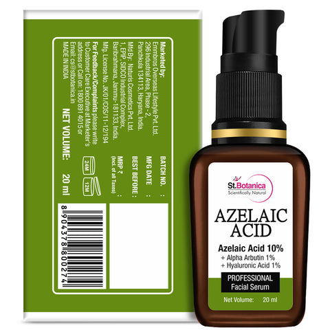 St.Botanica Azelaic Acid 10% + Alpha Arbutin 1% + Hyaluronic Acid 1% Face Serum for Pigmentation, Dark Spots & Uneven Skin Tone, 20 ml