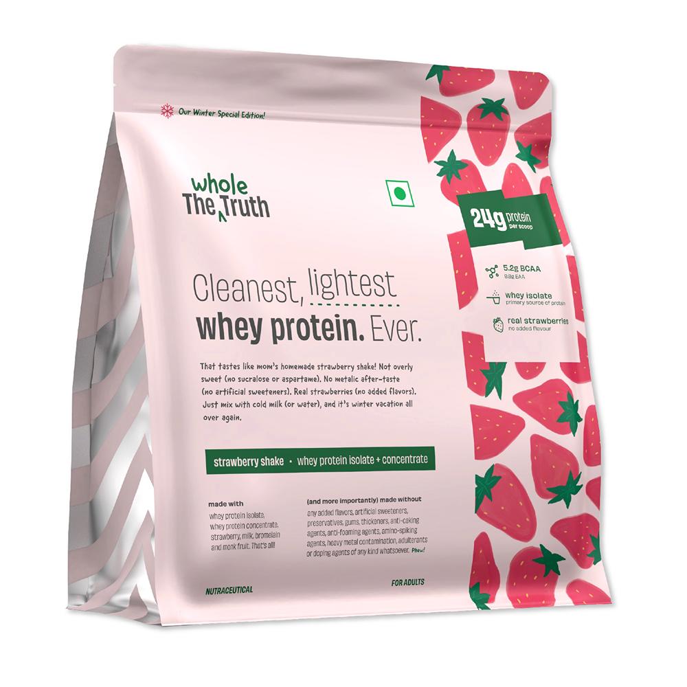 The Whole Truth Whey Protein Isolate+Concentrate Strawberry Shake 1 kg (2.2 lbs) 24g Protein/Scoop 5.2g BCAA 100% Authentic Whey, Real Strawberries & No Added Flavours Clean, Light & Easy to Digest | Vegetarian