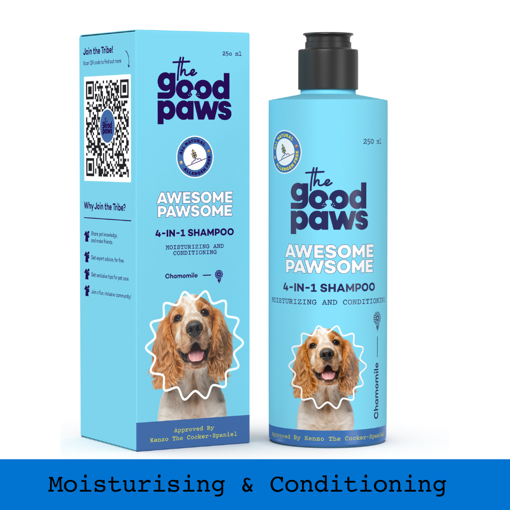 The Good Paws Awesome Pawsome 4 in 1 Dog Shampoo | Moisturizing & Conditioning | Cleanse & Deodorize | All Natural Olive & Wheatgerm Oil | For Cocker Spaniel, German Shepherd, Husky, Labrador | Chamomile (Allergen Free) 250 ml