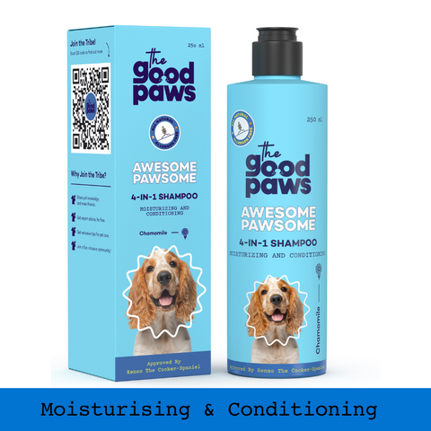 The Good Paws Awesome Pawsome 4 in 1 Dog Shampoo | Moisturizing & Conditioning | Cleanse & Deodorize | All Natural Olive & Wheatgerm Oil | For Cocker Spaniel, German Shepherd, Husky, Labrador | Chamomile (Allergen Free) 250 ml