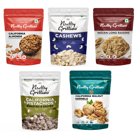 Nutty Gritties Mixed Daily Needs Nuts Dry Fruits - Almonds, Walnuts Kernels, Cashews, Roasted Salted Pistachios and Raisins Combo - 1Kg (5 Pack of 200g each)