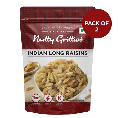 Nutty Gritties Indian Long Raisins, Seedless Premium Green Raisins, Kishmish, Healthy Snack - 400g (2 Pack of 200g each)