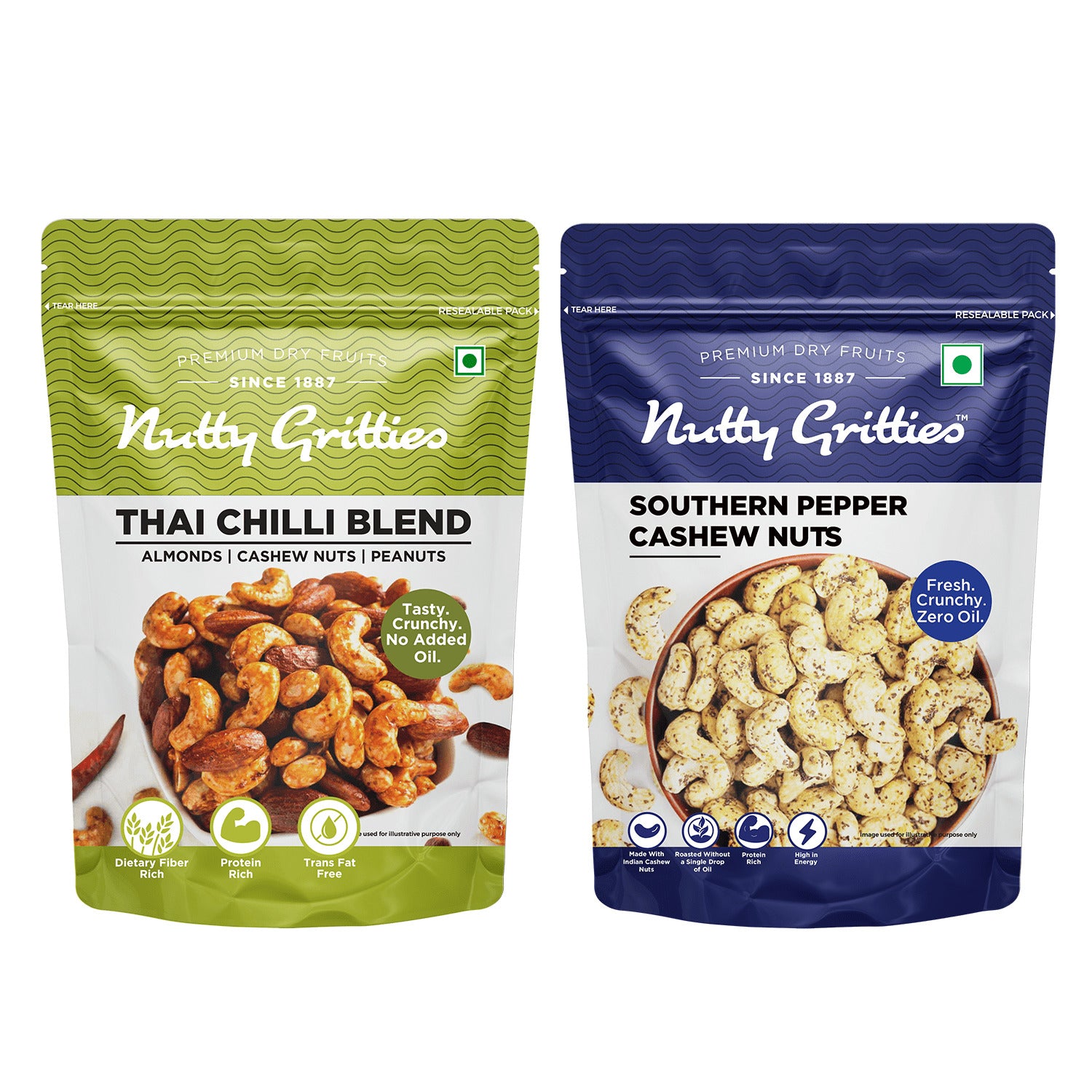 Nutty Gritties Southern Pepper Cashews & Thai Chilli Blend Combo - 400g (2 Pack of 200g each)