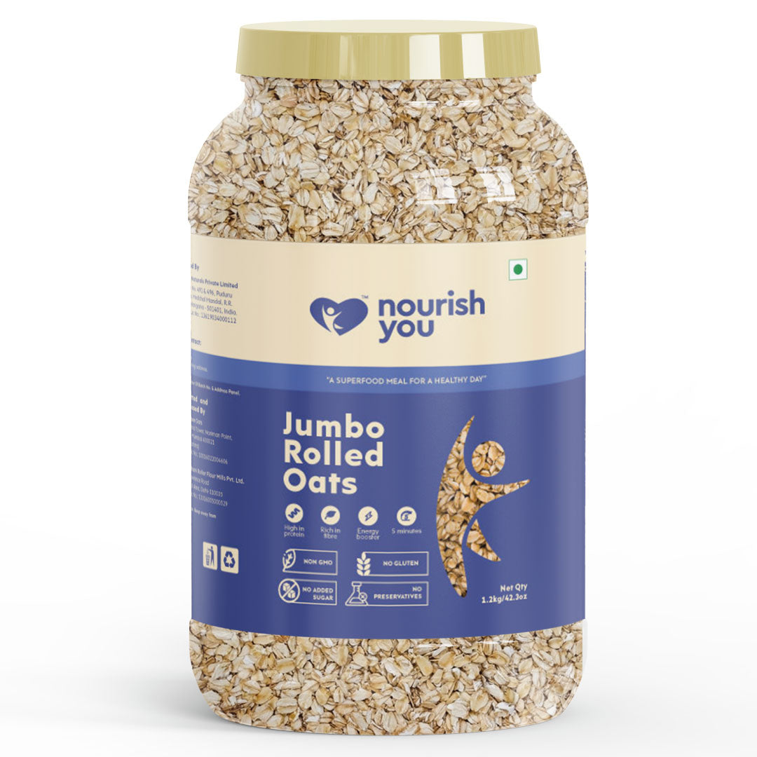 Nourish You Jumbo Rolled Oats - Gluten free , Breakfast Cereal - 1.2Kg , Jar.