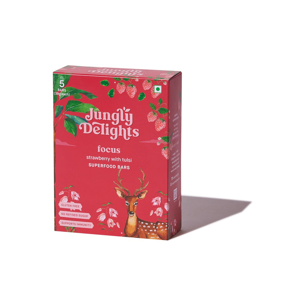 Jungly Delights Energy Bar | Strawberry with Tulsi | Focus Superfood | 5NX38g