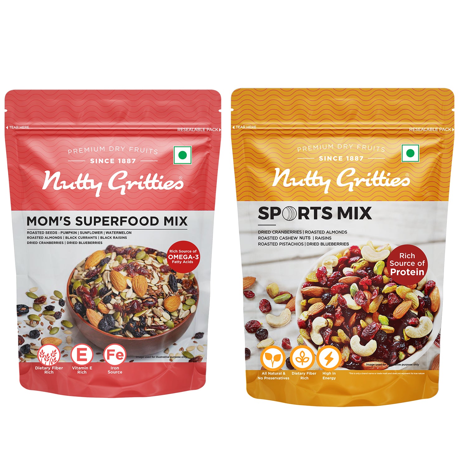 Nutty Gritties Mixed Dry Fruits, Mom's Superfood Mix + Sports Mix Combo - 400g (2 Pack of 200g each)