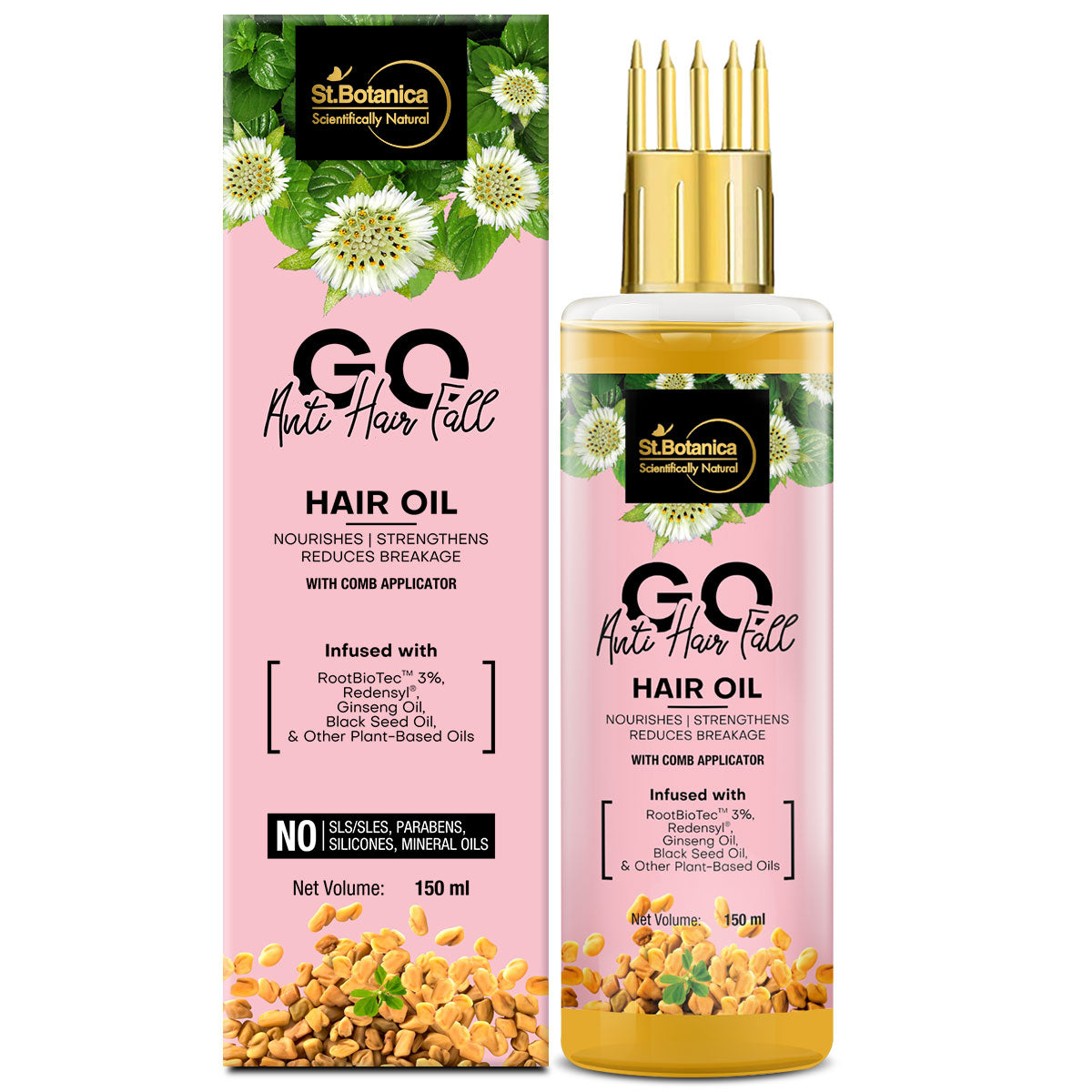 St.Botanica GO Mineral Anti Hair Fall Oil with Comb Applicator, Natural, RootBiotec 3%, Redensyl, Ginseng & Black Seed Oil & Other Botanicals, No Silicones, 150 ml