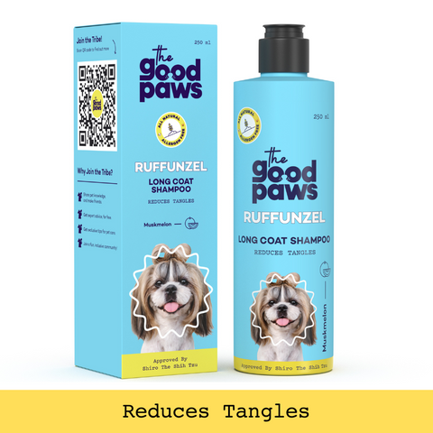 The Good Paws Ruffunzel Long Coat Dog Shampoo | Reduces tangles | Removes mats & Restores shine | All Natural Green Tea & Aloe Vera | Dog Shampoo For Shih Tzu, Golden Retriever, German Shepherd | Muskmelon (Allergen Free) 250 ml