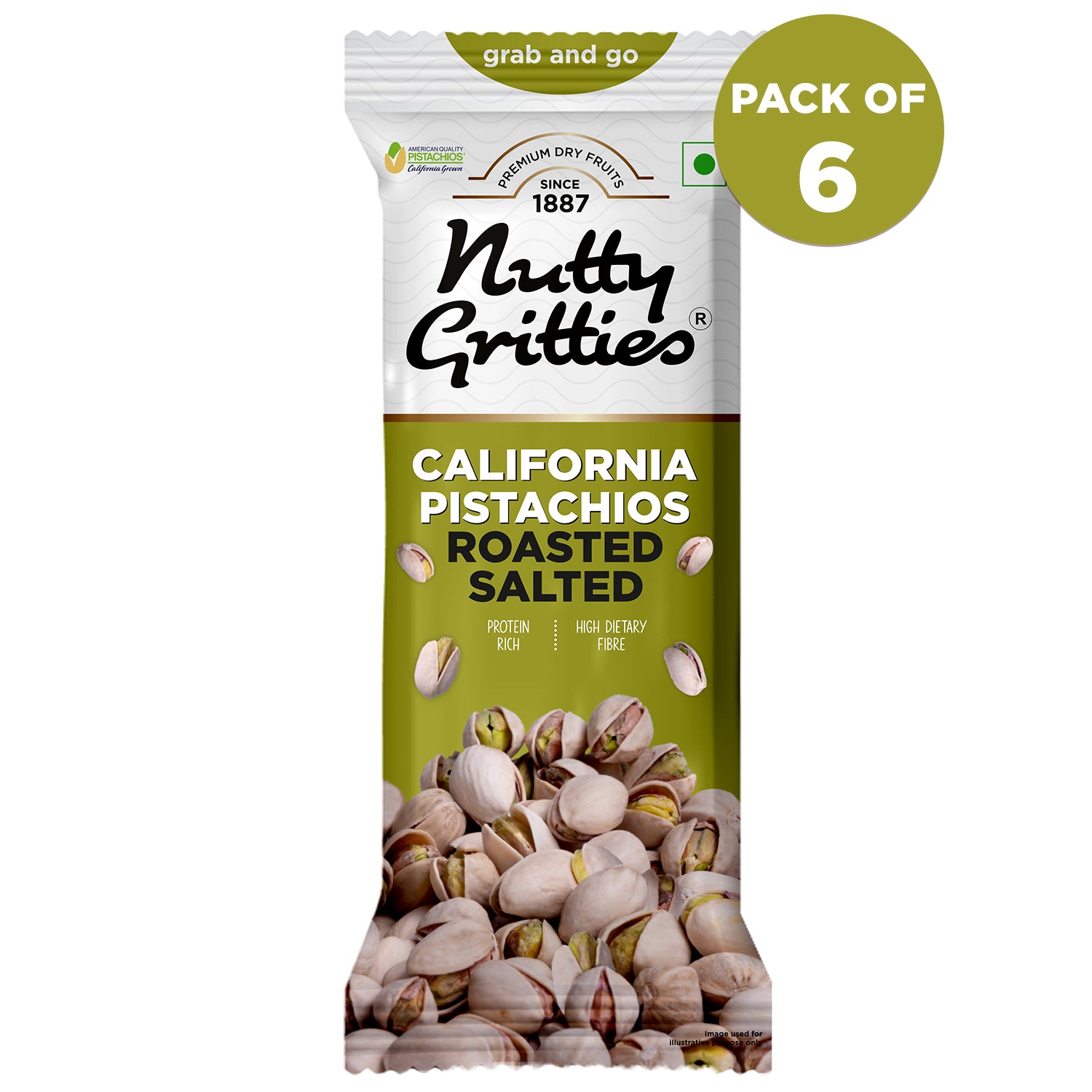 Nutty Gritties California Pistachios Roasted Lightly Salted - 210g (Pack of 6 x 35g each)