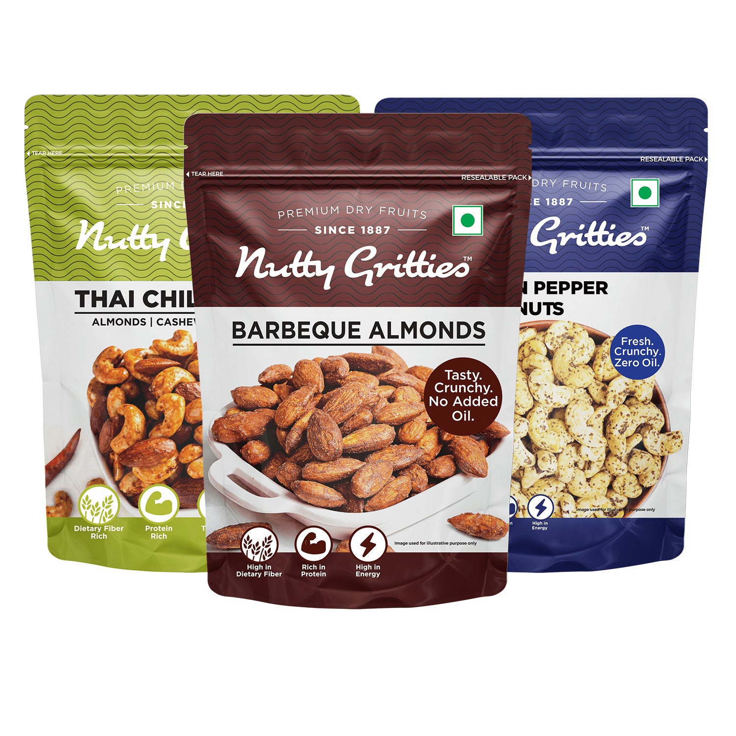 Nutty Gritties Southern Pepper Cashews, Barbeque Almonds and Thai Chilli Blend - 600g (3 Pack of 200g each)