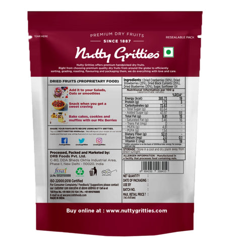 Nutty Gritties Mix Berries - Dried Cranberries, Blueberries, Strawberries, Black Currants- 250 (5 Pack of 50g each)