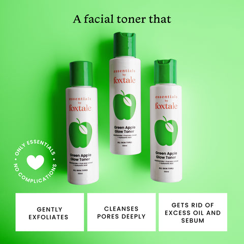 Foxtale Essentials Daily Green Apple Glow Toner with Niacinamide, Fruit AHA Extract and Hyaluronic Acid - Clinically Proven Brightening Ingredients, Suitable for All Skin Types, Men and Women - 100ml