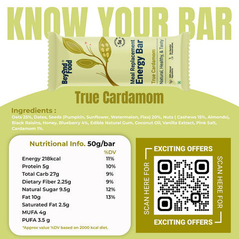 Beyond Food Meal Replacement Energy Bars - True Cardamom | Pack of 6 | 6x50g