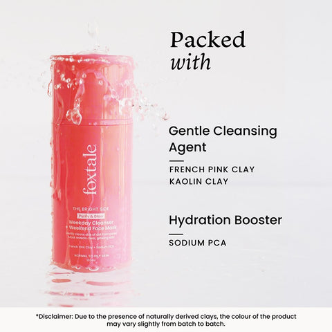 Foxtale Purify & Glow Cleanser + Mask With French Pink Clay and Sodium PCA - Deep Cleanses Pores, Exfoliating Glow Facial, Instantly Gives Bright Skin, For Normal, Oily and Combination Skin, Men & Women - 100ml