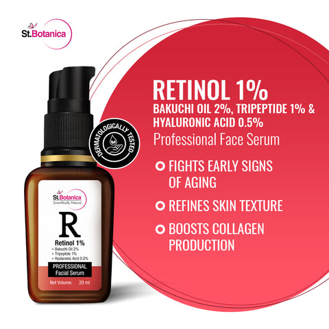 St.Botanica Retinol 1% + Bakuchi Oil 2% + Tripeptide 1% + Hyaluronic Acid 0.5% Face Serum for Wrinkles & Fine Lines, Collagen Boosting, 20 ml