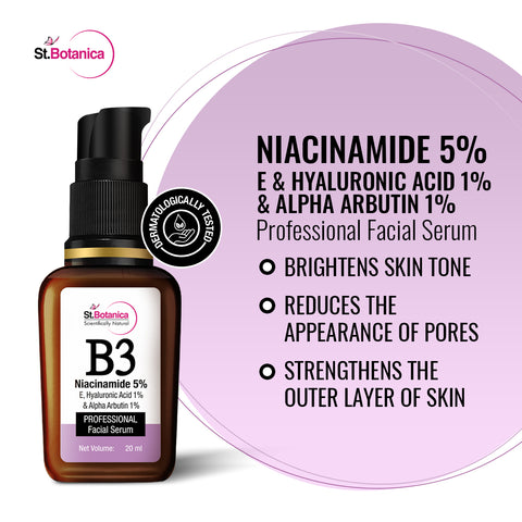 St.Botanica Niacinamide 5%, E + Hyaluronic Acid 1%, Alpha Arbutin 1% Face Serum for Oil-Free, Hydrated & Bright Skin | Pore Reducing Serum, 20 ml