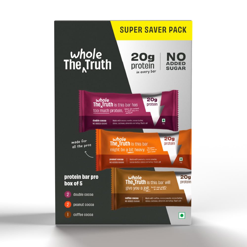 The Whole Truth - High Protein All in One 20g Protein Bar - Pack of 5 x 67g each - No Added Sugar - No Preservatives - No Artificial Flavours - All Natural