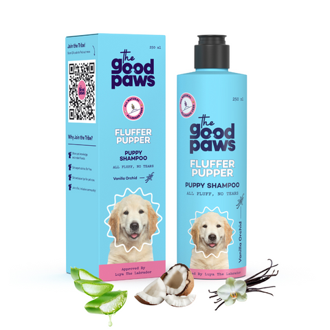 The Good Paws Fluffer Pupper Puppy Shampoo | No tears shampoo | All Natural Coconut oil shampoo | Gentle on your pup's skin & coat | Dog Shampoo For Puppy, Pug, Labrador | pH balanced | Vanilla Orchid (Allergen Free) 250 ml