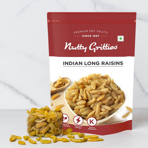 Nutty Gritties Indian Long Raisins, Seedless Premium Green Raisins, Kishmish, Healthy Snack - 400g (2 Pack of 200g each)