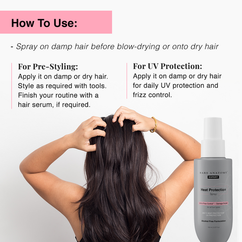 Bare Anatomy Heat Protection Spray For Hair | Controls Frizz for up to 24 Hrs | Alcohol Free Heat Protection Spray Serum | Vitamin E Pea Protein Veg Keratin | Sulphate & Paraben Free | For Women & Men | 150 ml