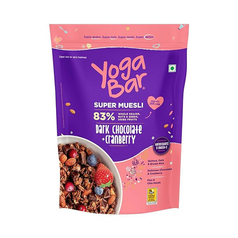 Yogabar Wholegrain Breakfast Muesli - Dark Chocolate and Cranberry, 700g (Super Saver Pack)