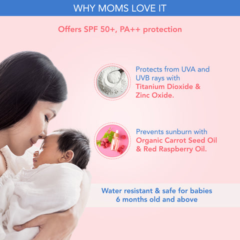 The Moms Co. Waterproof SPF 50+ Natural Mineral Based Baby Sunscreen - for UV-A & UV-B Protection with Pongamia Glabra Seed, Red Raspberry Seed and Organic Carrot Seed Oil - 100ml