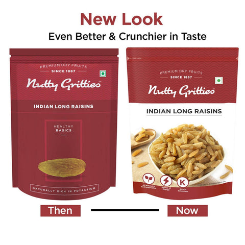 Nutty Gritties Indian Long Raisins, Seedless Premium Green Raisins, Kishmish, Healthy Snack - 400g (2 Pack of 200g each)