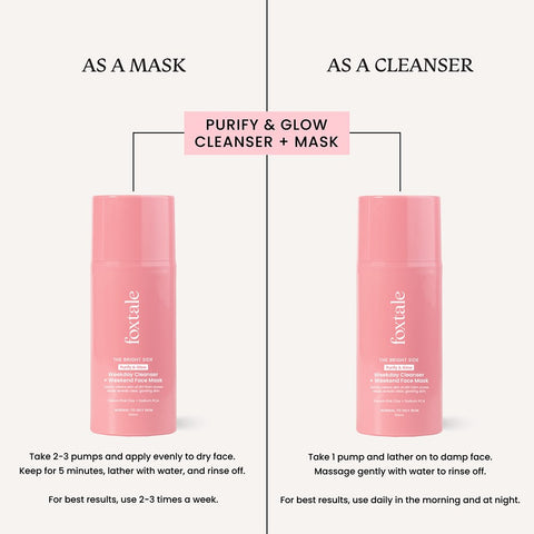 Foxtale Purify & Glow Cleanser + Mask With French Pink Clay and Sodium PCA - Deep Cleanses Pores, Exfoliating Glow Facial, Instantly Gives Bright Skin, For Normal, Oily and Combination Skin, Men & Women - 100ml