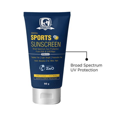 The Beard Story Mineral Sunscreen, SPF 50 | Sports Sunscreen | No White Cast | Enriched with ZnO & TiO2 | 50g