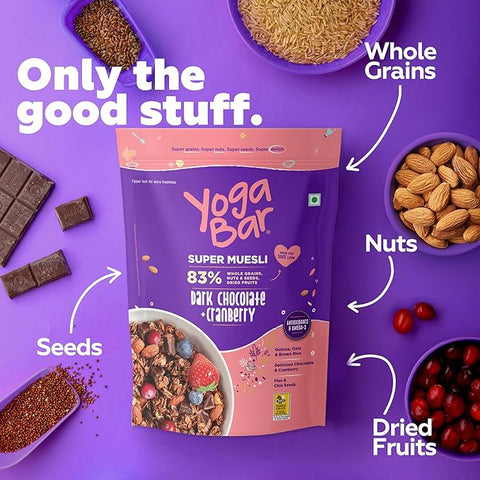 Yogabar Wholegrain Breakfast Muesli - Dark Chocolate and Cranberry, 700g (Super Saver Pack)