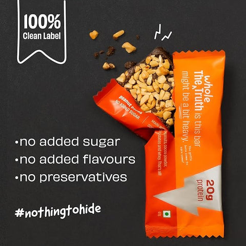 The Whole Truth - High Protein Peanut Cocoa 20g Protein Bar - Pack of 5 x 67g each - No Added Sugar - No Preservatives - No Artificial Flavours - All Natural