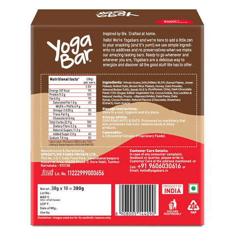 Yogabar Energy Bars Chocolate Chunk | Multigrain Daily Protein Snack | High Energy & Nutrition Bars | 8g Protein & 7g Fibre Protein bars | Pack of 10 x 38g Energy Bars | No Preservatives