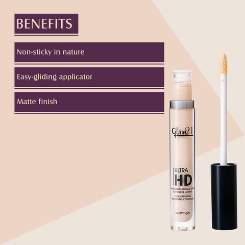 Glam21 Ultra HD Liquid Concealer for HD Finish | Non-sticky & Long Lasting Matte Finish Concealer (Light Ivory, 5 g)