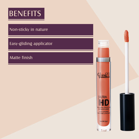 Glam21 Ultra HD Liquid Concealer for HD Finish | Non-sticky & Long Lasting Matte Finish Concealer (Orange Bar, 5 g)