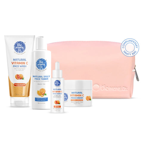 The Moms Co. Natural Glowing Vitamin C Complete Face Care Routine Kit l Face Wash I Toner I Serum I Cream l Free Vanity Bag I 280 gms