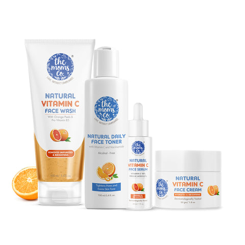 The Moms Co. Natural Glowing Vitamin C Complete Face Care Routine Kit l Face Wash I Toner I Serum I Cream l Free Vanity Bag I 280 gms