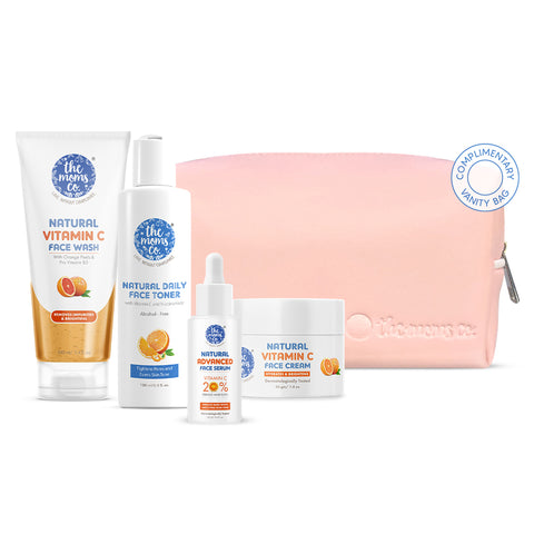 The Moms Co. Natural Brightening Advanced Vitamin C Complete Face Care Routine Kit l l Face Wash I Toner I Serum I Cream l Free Vanity Bag I 300 gms