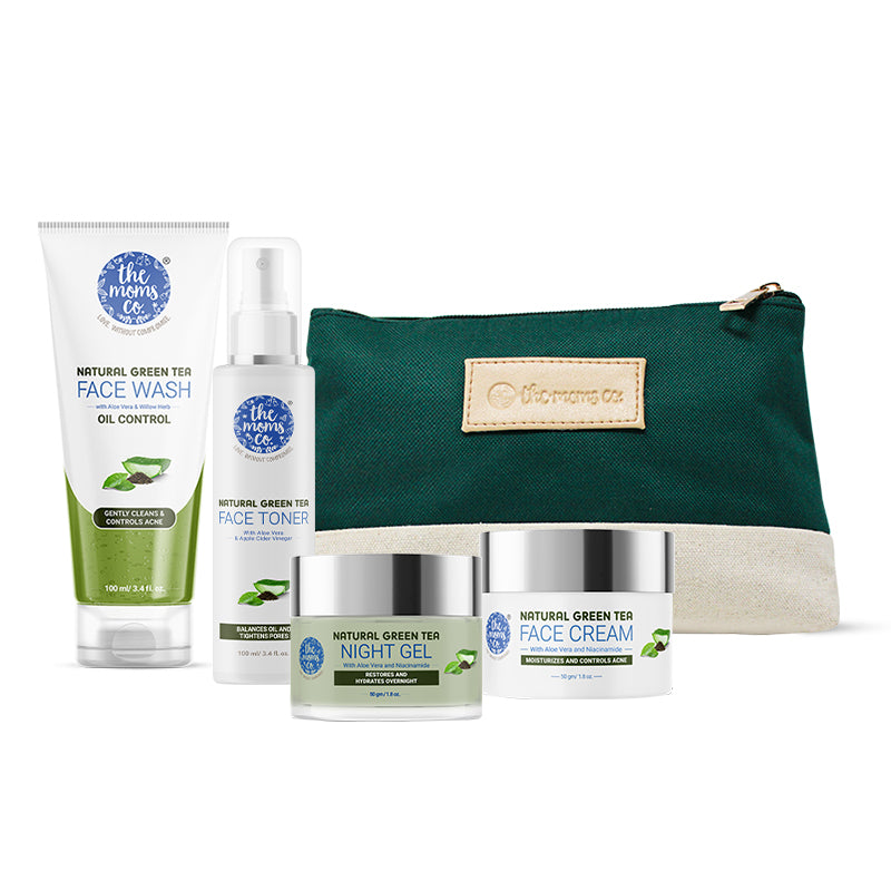 The Moms Co. Oily Skin Complete Care Kit l Oil Free Look l Green Tea l Face Wash l Toner l Cream l Night Gel l Free Vanity Bag l 500 gms