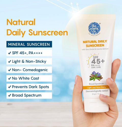 The Moms Co. Mineral Sunscreen for Women & Men with 25% Zinc Oxide | SPF 45+ PA++++ | Non-Greasy | Protection from UVA & UVB | No White Cast | Dermatologically Tested- 50 Gm