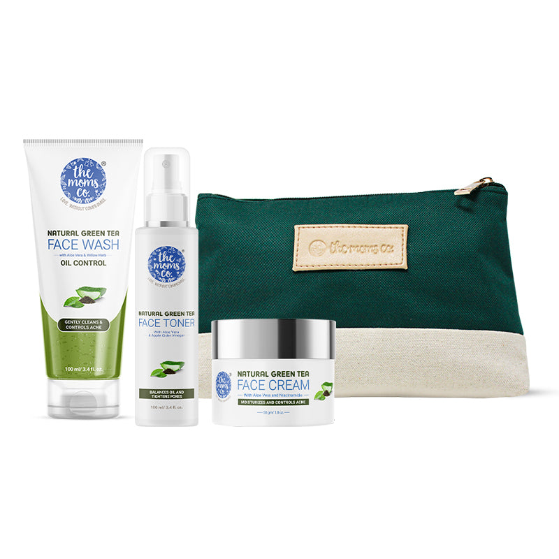 The Moms Co. Oily Skin CTM Regime l Oil Free Look l Green Tea l Face Wash l Toner l Cream l Free Vanity Bag l 300 gms