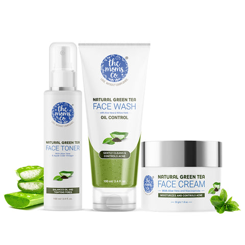 The Moms Co. Oily Skin CTM Regime l Oil Free Look l Green Tea l Face Wash l Toner l Cream l Free Vanity Bag l 300 gms