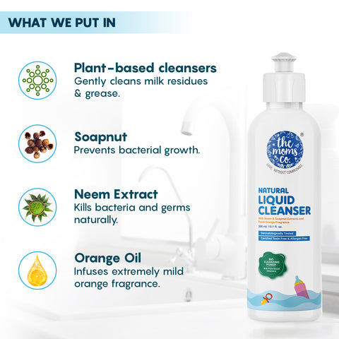 The Moms Co. Natural Liquid Cleanser| With Plant-based Cleansers | Antibacterial Baby Liquid Cleanser for Baby Bottles, Toys, Accessories, Fruits & Vegetables 300 ml