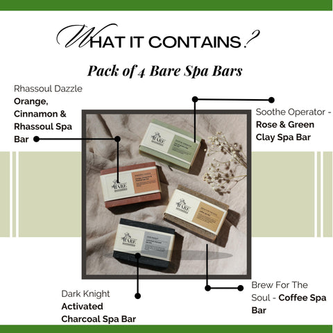 Bare Necessities Spa Bars | Pack of 4 | 300gm (Soothe Operator, Rhassoul Dazzle, Dark Knight and Brew For The Soul)