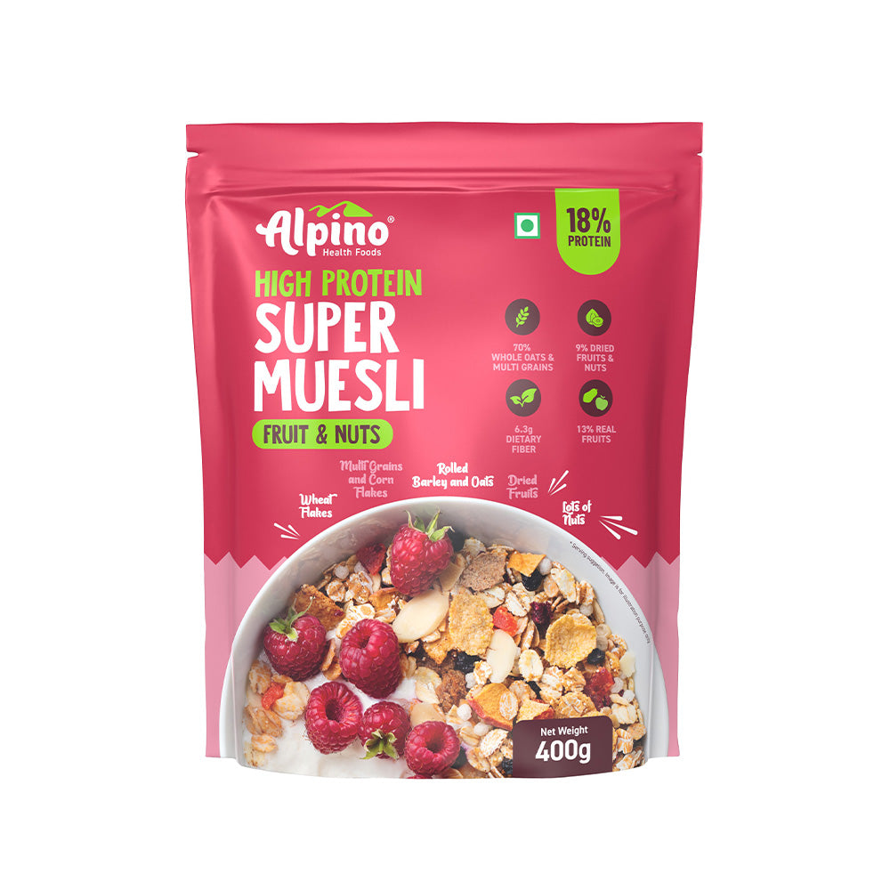 Alpino Super Muesli Fruit & Nuts 400 G | Whole Oats & Whole Grain | Finest Nuts & Raisins | Real Freeze Dried Fruits | No Sugar Infused Fruits