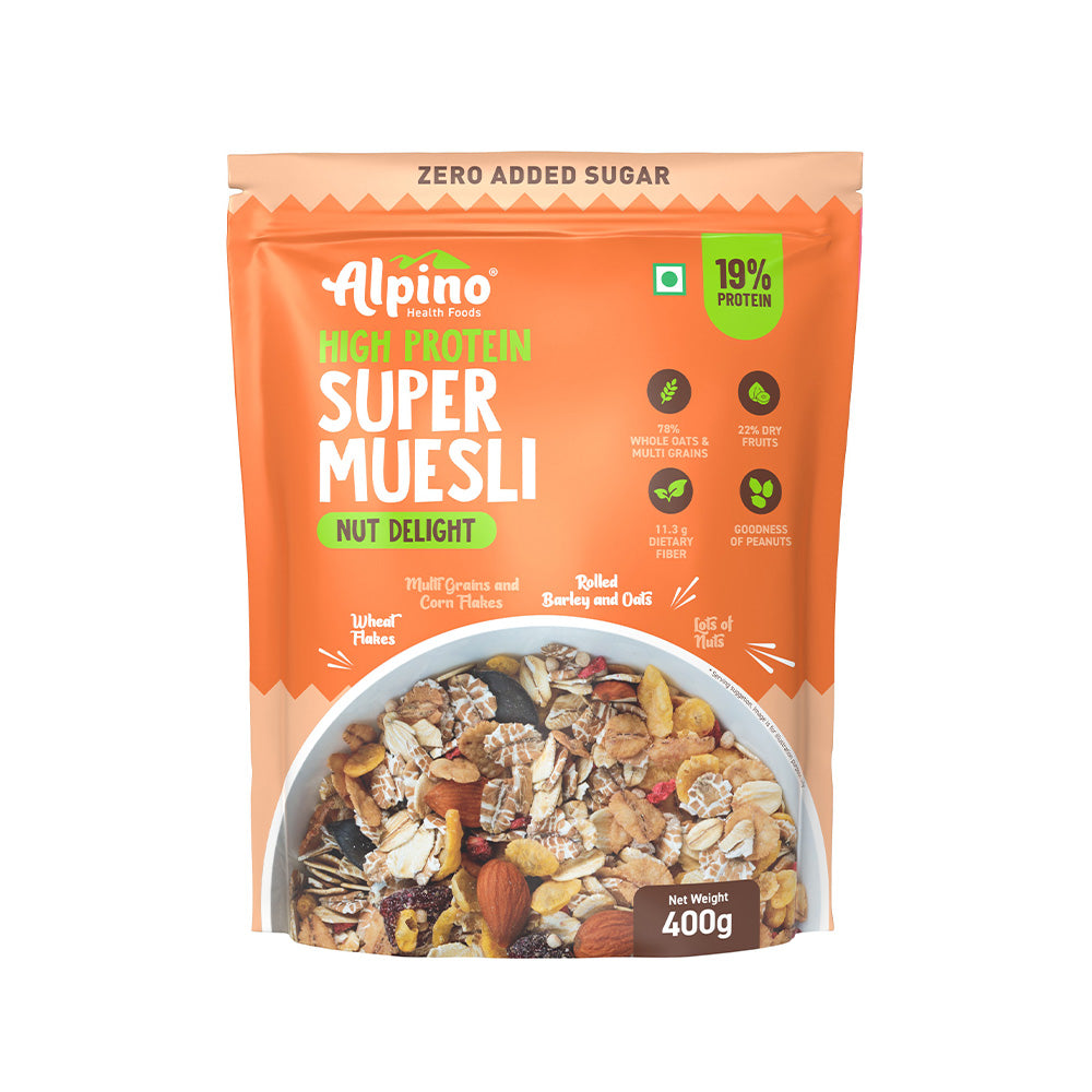 Alpino Super Muesli Nut Delight 400 G | Whole Oats & Whole Grain | Finest Nuts & Raisins | Real Freeze Dried Fruits | No Sugar Infused Fruits