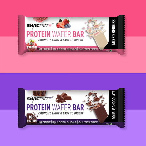 Snactivate Protein Wafer Bars Combo pack - Double Chocolate & Mixed Berries with 10g Protein, 10g Fiber & Sugarfree | Tasty & Crunchy Whey Protein Bars | Healthy Energy Bars | 40 gm (Pack of 12)